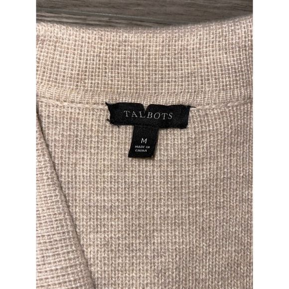 Talbots Wool Blend Beige Cardigan Knit Sweater Size Medium Open Front Pockets - Picture 7 of 8